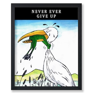 Póster Nunca te rindas, impresión de grulla y rana, arte con cita motivacional, decoración inspiradora para el hogar y la oficina, arte de pared