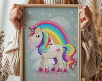 Unicorn Poster - Rainbow Print - Clouds , Stars Art - Gift for Kids & Parents - Decor for Nursery, Kid's Room or Playroom