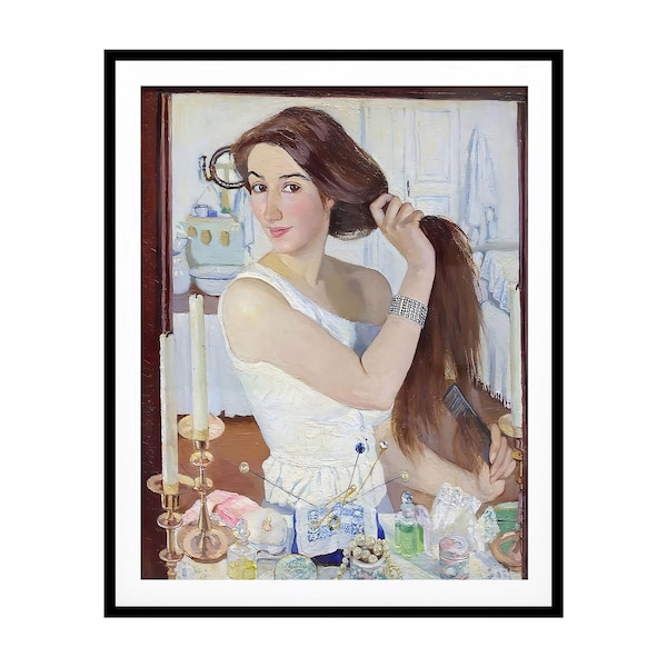 Vintage Self Portrait Poster - Retro Self Portrait at the Dressing Table Painting Print - Russian Art - Decor for Home or Office (UNFRAMED)