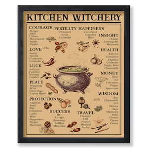 May include: A vintage-style illustration of a cauldron with various herbs and spices surrounding it. The image is labeled "Kitchen Witchery" and lists different herbs and spices with their associated magical properties, such as courage, fertility, happiness, insight, health, luck, peace, protection, success, travel, and wisdom.