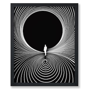 May include: Black framed art print featuring a minimalist design. A white silhouette of a person stands in the center of concentric white lines against a black background. The lines emanate from a central point, creating a visual illusion.