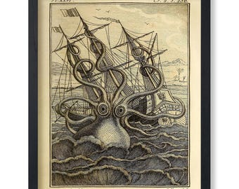 Vintage Colossal Octopus Poster - Retro  Ship Print - Kraken Art - Gothic Home & Office Decor - Wall Art