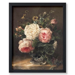 Póster de naturaleza muerta vintage con flores en un jarrón de cristal - Impresión de flores - Decoración para sala de estar o dormitorio