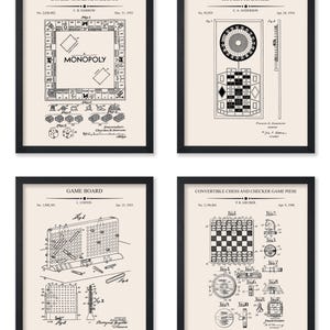 May include: Four framed patent prints of classic board games. Includes Monopoly, Roulette, Connect Four, and a chess/checker game. Each print is black and white, with detailed diagrams and text, set against a cream background.