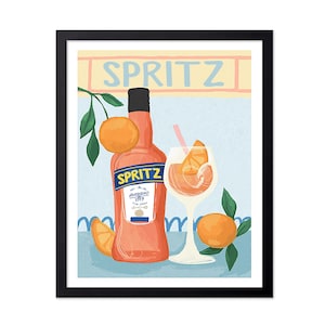 Póster con ilustración vintage - Impresión publicitaria retro - Aperol Spritz, cóctel, botella de alcohol, naranja