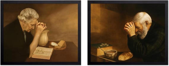 2-Piece Vintage Gratitude Poster Set: Praying Woman & Daily Bread Prints