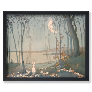 Póster de luna nueva, impresión retro de conejito en el bosque, arte de luna creciente, arte de conejo blanco, arte de cuento de hadas, decoración de habitación infantil o guardería