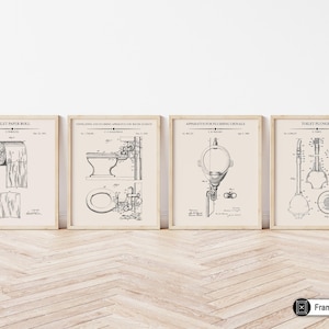 4-Piece Toilet Blueprint Poster - Toilet Paper Patent Print - Urinal Art - Toilet Plunger Art - Bathroom Art - Technical Drawing Art