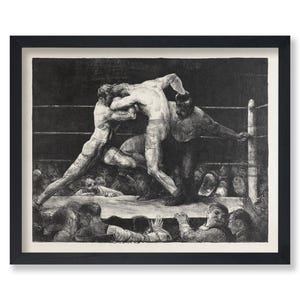 May include: Black and white framed print depicting a boxing match in progress. Two boxers are locked in a clinch, while a referee and spectators observe. The artwork is a detailed illustration of the sport.