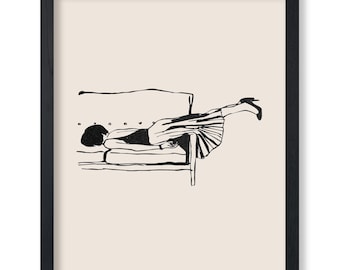 Rough Day Poster - Retro Woman Lying on a Couch Print - Sketch Art - Abstract Art - Line Art - Chic Boho Art