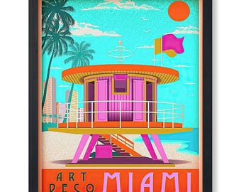 Vintage Travel Poster - Retro Tourism Print - Miami Beach, Florida, Art Deco, Rescue Tower, Orange Sun
