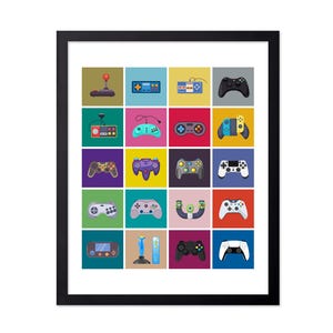 May include: Framed print featuring a grid of colorful video game controller illustrations. Each controller is depicted in a unique style and color, set against a solid background. The artwork is presented in a black frame.