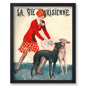 Afiche vintage de animales - Impresión publicitaria retro - La vie parisienne, perros galgos, mujer francesa
