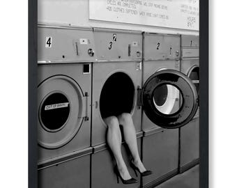 Humorous Laundry Room Art: Woman in Heels Washing Machine Poster