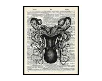 Dictionary Art Poster - Upside Down Octopus Print - Octopus Art - Kraken Art- Gift for Animal Lover - Nautical Decor for Home (UNFRAMED)