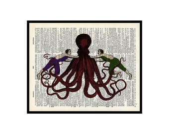 Dictionary Art Poster - Men and Octopus Print - Octopus Art - Kraken Art- Gift for Animal Lover - Nautical Decor for Bathroom (UNFRAMED)