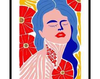 Flower Poster - Retro Woman Print - Illustration Art - Groovy Abstract Art - Trendy Art - Modern Art - Aesthetic Living Room Decor