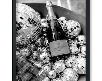 Champagne and Disco Balls Print - Disco Poster - Alcohol & Bar Cart Art - Black and White Photography Wall Design