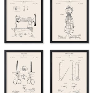 May include: Four framed vintage patent prints. The prints feature a sewing machine, dress form, shears, and safety pin. Each print has a black frame and a cream-colored background with black line drawings and text.