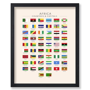 Póster de banderas de África - Impresión de países y capitales de África - Materiales de aprendizaje de arte - Arte con banderas - Decoración para el aula