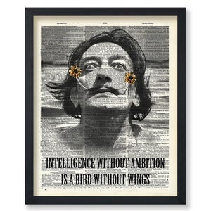 Dictionary Art Poster - Intelligence Without Ambition Print - Floral Mustache Art - Decor for Living Room