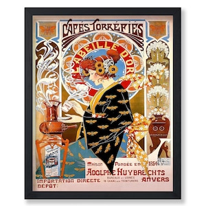 May include: A vintage poster advertising "Cafes Torrefies L'Abeille D'Or" coffee. The poster features a woman in a yellow and black patterned kimono holding a cup of coffee. The poster is framed in black and has a white background with gold accents.