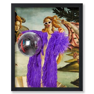 May include: A painting of a woman in a purple feathered robe holding a disco ball. The woman is wearing white sunglasses and has long blonde hair. The painting is set against a background of a landscape with a river and trees.