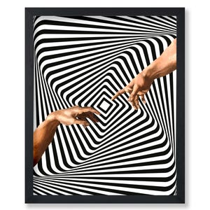 May include: A black and white optical illusion of a swirling vortex with two hands reaching towards each other. The hands are painted in a realistic style and appear to be reaching out from the center of the vortex.