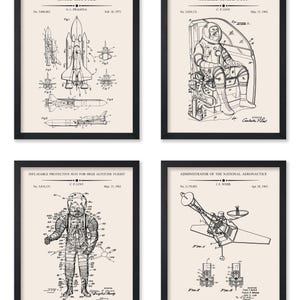 May include: Four framed patent prints featuring space-related designs. The prints include a space shuttle, a mobile space suit, an inflatable protective suit, and a design for the administrator of the national aeronautics. Each print is black and white.