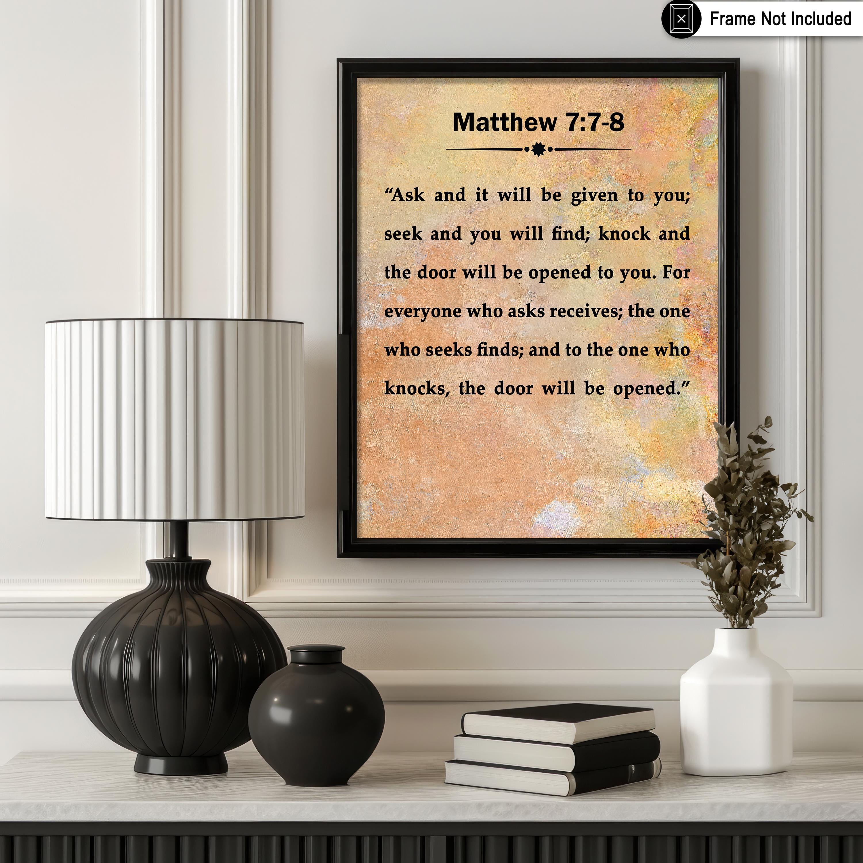 Tableau Toile Verset Biblique Matthieu 7:7 - Décoration Murale Chrétienne, Neuf, Parfait Pour La Maison Ou Un Cadeau