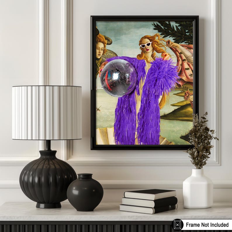 a painting of a woman in a purple dress holding a disco ball