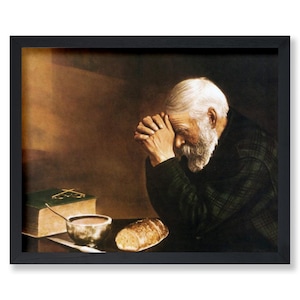Vintage Grace Painting Poster - Retro Man Praying Over Bread Print - Gratitude Art - Great Gift - Religious Kitchen Decor
