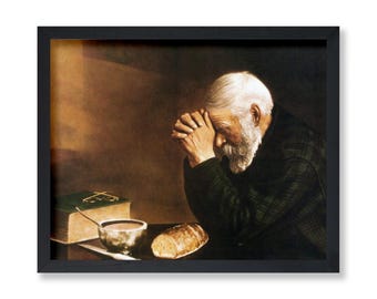 Vintage Grace Painting Poster - Retro Man Praying Over Bread Print - Gratitude Art - Great Gift - Religious Kitchen Decor