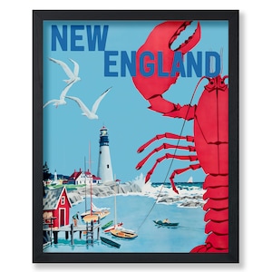 Póster de viaje - Impresión turística - Nueva Inglaterra, faro, playa, cangrejo gigante, langosta, gaviotas, veleros