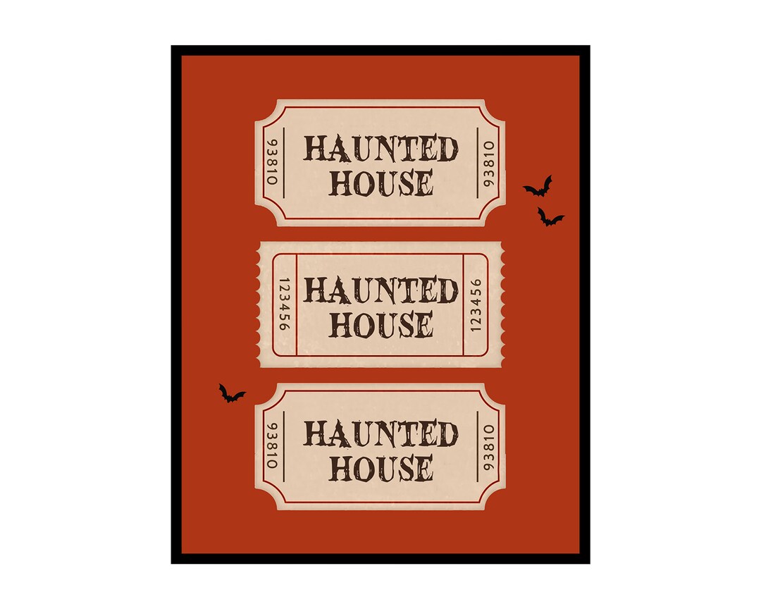 Haunted House Ticket Poster Halloween Print Flying Bats Art Minimal Art