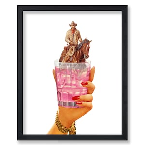 Póster de vaquero - Impresión de cóctel retro - Arte del oeste - Arte de collage - Arte del salvaje oeste - Arte del alcohol - Arte de caballos - Arte de carrito de bar - Arte de cocina