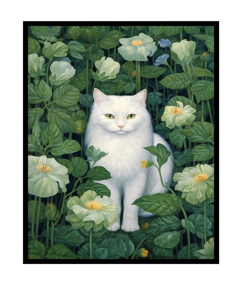 White Cat Poster Flower Print Trendy Art Modern Art Cat Art Botanical
