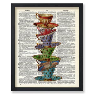 Dictionary Art Poster - Stacked Teacups Print - Victorian Tea-Cup Art - Great Gift - Perfect Decor for Home & Kitchen, Teahouse