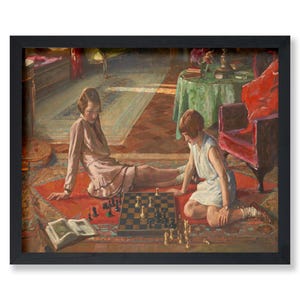May include: Two women play chess on a red rug in a sunlit room. One woman sits on the rug, while the other leans back on her elbows, watching the game. A book lies open on the rug, and a chessboard sits between the women.