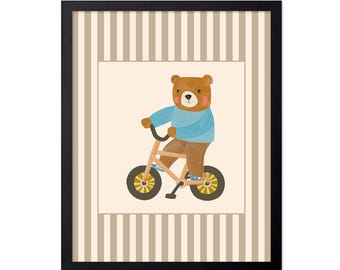 Nursery Print - Bear on Bicycle Poster - Fun Animal Art - Whimsical Toddler Playroom Wall Design - Playful Bear Art