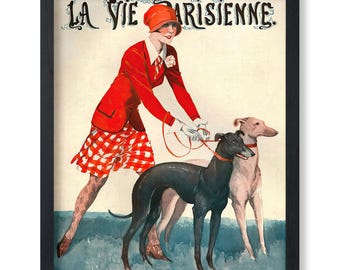 Vintage Animal Poster - Retro Advertising Print - La Vie Parisienne, Greyhound Dogs, French Woman