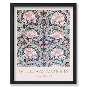Póster vintage de William Morris, estampado retro de caléndula africana, arte de flores rosas, arte con estampados textiles, arte floral, arte estético