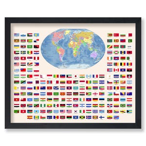 Póster de banderas del mundo - Impresión de mapa del mundo - Material de aprendizaje artístico - Regalo para estudiantes y maestros - Decoración de pared para el aula