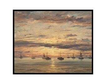 Vintage Sunset at Scheveningen Painting Poster - Fleet of Fishing Vessels Print - Seascape Art - Nautical Decor for Ocean or Beach House