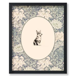 May include: A black and white illustration of a corgi dog sitting in a circular frame. The frame is surrounded by a floral pattern in shades of blue, green, and white.