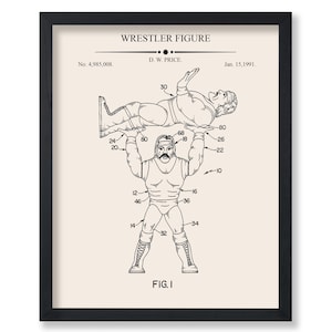 May include: A black and white line drawing of a wrestler figure patent. The figure is holding another wrestler figure above its head. The patent number is 4,985,008 and the date is January 15, 1991.