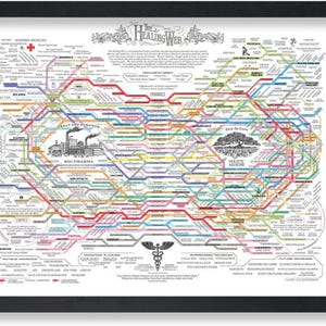 May include: A framed print titled "The Healing Web" features a colorful, intricate diagram with text and illustrations. The artwork explores various medical concepts, including Western and Holistic Medicine, with a focus on interconnectedness. The print is encased in a black frame.