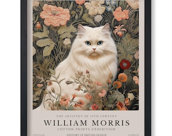 William Morris Prints - White Cat Print - Flower Art - Botanical Art - Exhibition Art - Animal Art - Floral Art - Cat Art