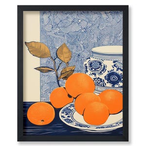 Póster de jarrón azul y naranjas - Impresión retro de naranjas - Arte de frutas - Arte de comida y bebida - Arte boho chic - Arte cítrico - Arte moderno