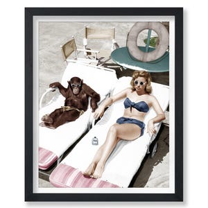 Chimpanzee and Woman Sunbathing - Summer Print - Monkey Art - Funny Home or Office Decor - Poster - Gift for Men and Women